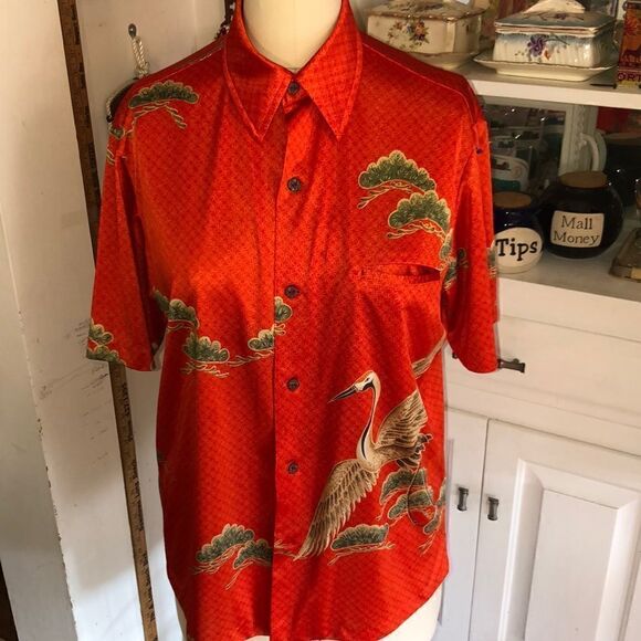 Vintage 1970s Hawaiian 🌺 made Aloha Shirt w/majestic Swan 🦢 in poppy orange - Picture 1 of 12